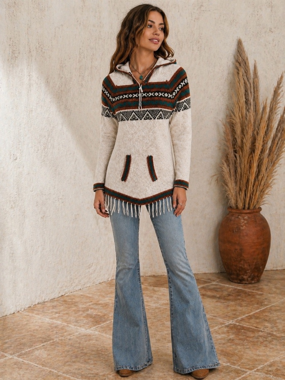 Vintage Fashion Forum Alpaca Blend Baja Hooded Fringe Sweater Womens XS Cream‎